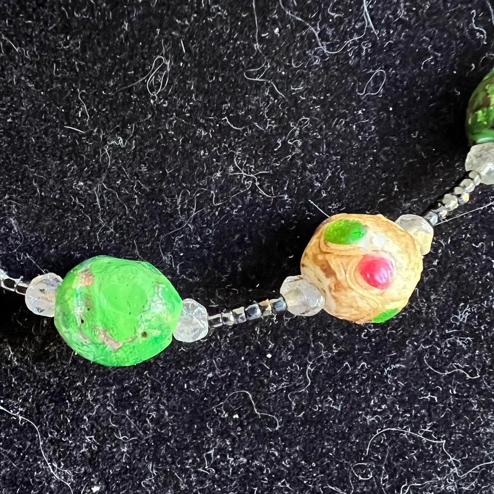 Vintage wedding cake glass beads hand knotted green, cream and red necklace.